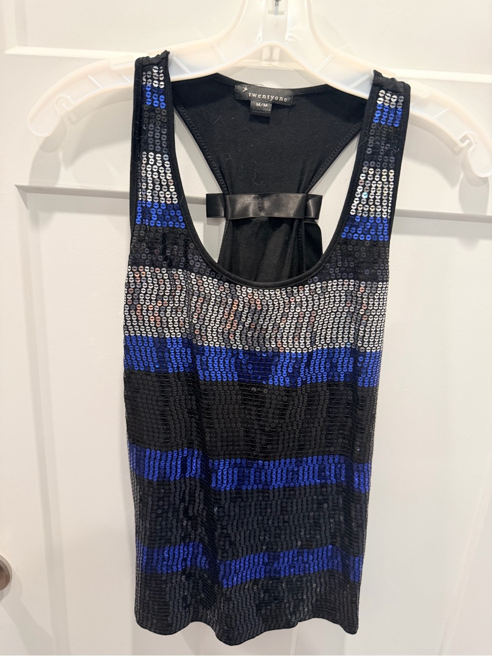 Twenty-One Medium Black Blue Silver Sequin Racerback Party Tank Y2K